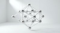 Abstract molecular structure with connected spheres and lines forming geometric network on white background for scientific presentations.