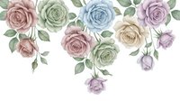 Watercolor roses in pastel colors with green leaves on white background. Floral arrangement in soft pink, blue, purple and beige tones for wedding invitations and cards.