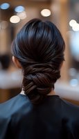 Elegant twisted low bun hairstyle from back view with dark brown hair against blurred bokeh background, showcasing professional wedding or special event styling.