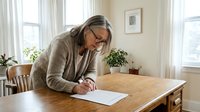 Senior woman with gray hair wearing glasses and beige sweater writing at wooden table in bright home interior with plants and natural light.