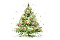 Watercolor Christmas tree decorated with pink ornaments and gold accents on white background, festive holiday art for greeting cards.