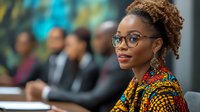Young African American businesswoman with natural curly hair and glasses wearing colorful traditional print blazer in modern office meeting environment.