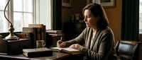 Middle-aged Caucasian woman writing in journal at wooden desk by window in cozy home office with warm natural lighting and vintage decor elements.