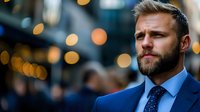 Confident Caucasian businessman in navy blue suit and polka dot tie looking ahead with determined expression against blurred city bokeh lights background.