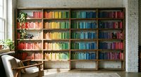 Rainbow organized bookshelf with color-coordinated books in modern living room interior design for home library decoration and reading space inspiration.