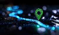 Glowing green location pin marker floating over dark surface with blue bokeh lights and sparkles. Digital navigation concept for mobile apps and GPS technology.