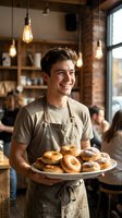 Young male baker with light skin tone, wearing beige apron and t-shirt, smiling while holding plate of fresh donuts in rustic bakery with warm Edison bulb lighting and brick walls.