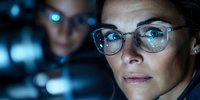 Professional woman wearing glasses illuminated by blue computer screen light while working late, focused expression shows dedication and concentration in dark office.