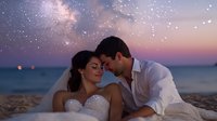 Romantic newlywed Hispanic couple embracing on beach at sunset under starry sky and Milky Way, bride in white dress and groom in casual attire sharing intimate moment.