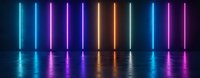Glowing neon light tubes in blue, purple, and orange colors reflecting on wet floor surface create futuristic nightclub atmosphere with vertical lines and mirror effect.