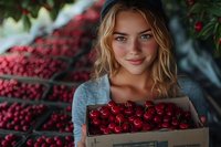 Young woman with blonde hair holding wooden box of fresh cherries at farmers market with fruit display in background.