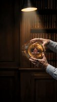 Businessman hands holding holographic legal risk warning interface in law library office with books and warm lighting for compliance consulting.