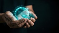 Mature male hands holding glowing digital globe with network connections, representing global business, technology innovation, and worldwide connectivity for corporate solutions.