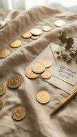 Golden coins arranged on neutral linen fabric with wedding savings fund card, eucalyptus sprigs, and pen for financial planning, savings goals, and wedding budget concepts.