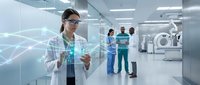 Female scientist analyzing holographic data display in modern medical laboratory with diverse healthcare team collaborating on advanced research technology.