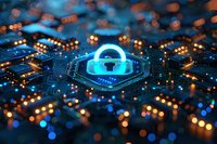 Glowing padlock icon on circuit board with blue and orange bokeh lights represents cybersecurity, data protection and digital encryption technology concept.
