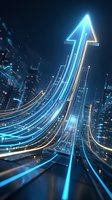 Glowing neon arrow pointing upward with flowing light trails against dark cityscape, representing growth, success, and financial progress in business and technology sectors.
