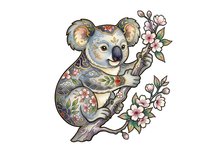 Koala with ornamental floral patterns and pink blossoms on white background, isolated design element suitable for apparel, stickers, and merchandise applications.