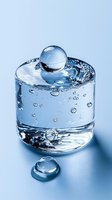 Clear water droplet balancing on surface of glass with tiny bubbles and ripples, creating minimalist composition against blue background.