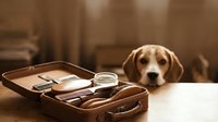 Curious golden retriever watching open leather briefcase with documents, glasses, and pen on desk, warm office setting with natural light.
