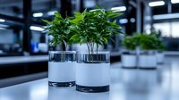 Young cannabis plants growing in modern hydroponic pots with water reservoir system on laboratory table. Clean professional cultivation in controlled environment.