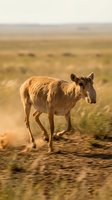 Saiga antelope standing in golden steppe grassland during sunset with warm light illuminating natural habitat and wildlife conservation concept.