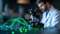 Male scientist in lab coat examining microscope while green glowing particles create dynamic wave pattern in dark laboratory setting, science research concept.