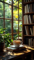 Coffee cup on open book near window with morning sunlight streaming in, houseplant and bookshelf creating cozy reading atmosphere with natural bokeh background.