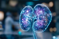 Glowing kidney anatomy with cosmic galaxy pattern inside showing medical visualization of internal organ structure on dark background with bokeh effect.
