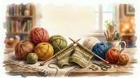 Colorful yarn balls and knitting needles with partially completed knitted fabric on wooden surface, surrounded by craft supplies and cozy home interior setting.
