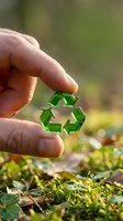 Hand holding green recycling symbol in natural outdoor environment promoting environmental awareness and sustainable living practices.