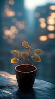 Young plant with golden leaves in black pot against blurred bokeh lights background, dramatic evening lighting creates magical atmosphere for nature photography.