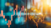 Financial market data visualization showing orange candlestick chart patterns against turquoise background with bokeh effect, illustrating stock trading analysis.