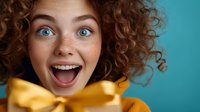Young woman with natural curly red hair, freckles and bright blue eyes expressing excitement and joy against turquoise background, wearing yellow bow tie.