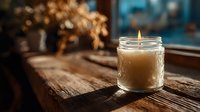 Aromatic soy wax candle in glass jar burning on rustic wooden windowsill with dried flowers creating cozy home atmosphere.