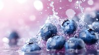 Fresh blueberries splashing in water with dynamic droplets against pink bokeh background, creating energetic motion and refreshing feel for food photography.