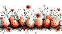 Watercolor Easter composition with coral eggs decorated with dots and delicate wildflowers in pink and gray tones, arranged in horizontal border pattern.