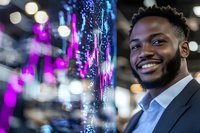 Young African American businessman smiling while looking at digital market data visualization display with purple glowing charts and financial statistics.