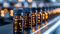 Amber glass vials on pharmaceutical production line with bokeh lights in background, showcasing medical manufacturing process.