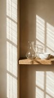 Minimalist shelf display with clear glass vase, white ceramic bowl, and stacked glassware on wooden ledge against beige wall with natural window light and shadow patterns.