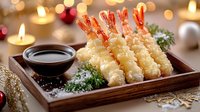 Crispy tempura shrimp served on wooden platter with soy sauce, garnished with fresh herbs against festive bokeh lights and holiday decorations.