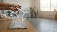 Hands hovering over tablet with glowing network connections in modern home office. Digital technology concept for business connectivity and smart home automation.