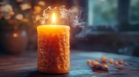 Glowing honeycomb pattern beeswax candle with rising smoke wisps on wooden surface in moody lighting, scattered dried flowers create cozy atmospheric scene.