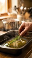 Chef's hand adding fresh rosemary to olive oil in a shallow dish for cooking preparation, with kitchen utensils and warm lighting in background.