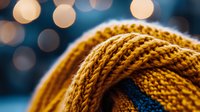 Yellow knitted winter scarf close-up with soft bokeh lights in background. Cozy warm wool textile texture showing detailed yarn pattern and stitches.