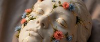 Serene female face sculpture adorned with delicate coral and blue flowers, artistic beauty concept for wellness, meditation and natural skincare themes.