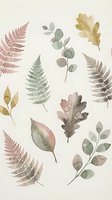 Watercolor botanical leaves and ferns collection in muted earth tones on light background for nature-inspired designs and organic branding projects.