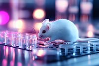 White laboratory mouse on scientific equipment with pink and purple bokeh lighting effects in research facility setting, creating atmospheric medical mood.