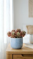 Succulent plants with red and green foliage in speckled ceramic pot on wooden desk near window with natural light, home decor.
