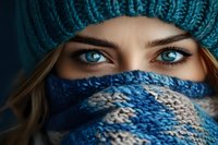 Mysterious blue eyes of young Caucasian woman wearing winter knit hat and scarf covering face. Dark moody portrait with intense gaze and dramatic lighting.